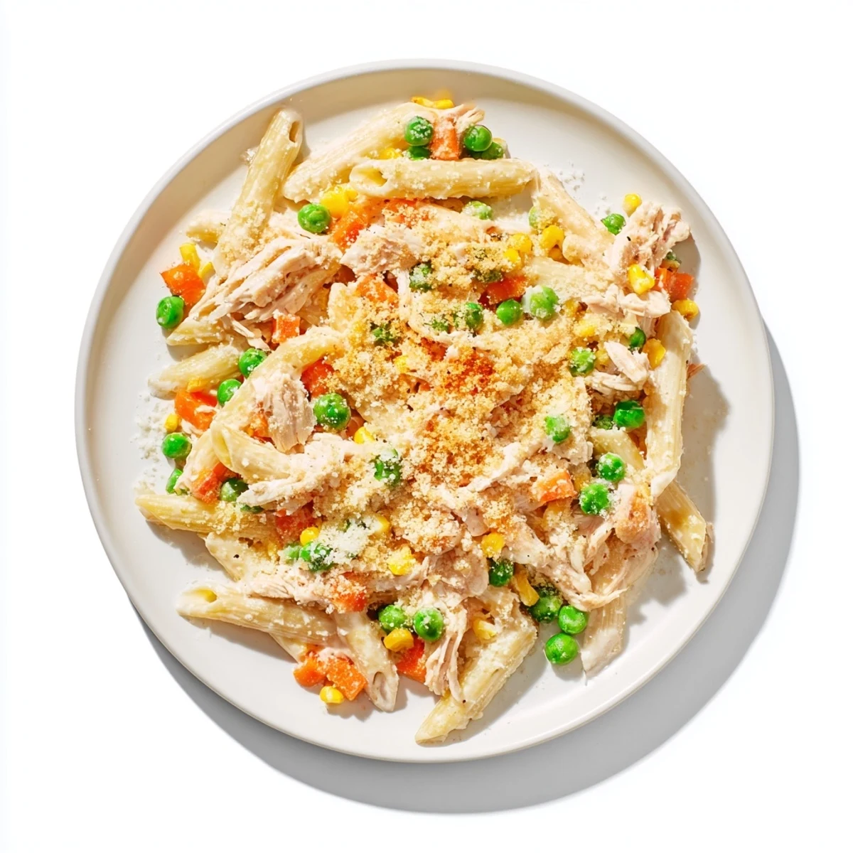 Golden baked chicken pot pie pasta with crispy Parmesan panko topping