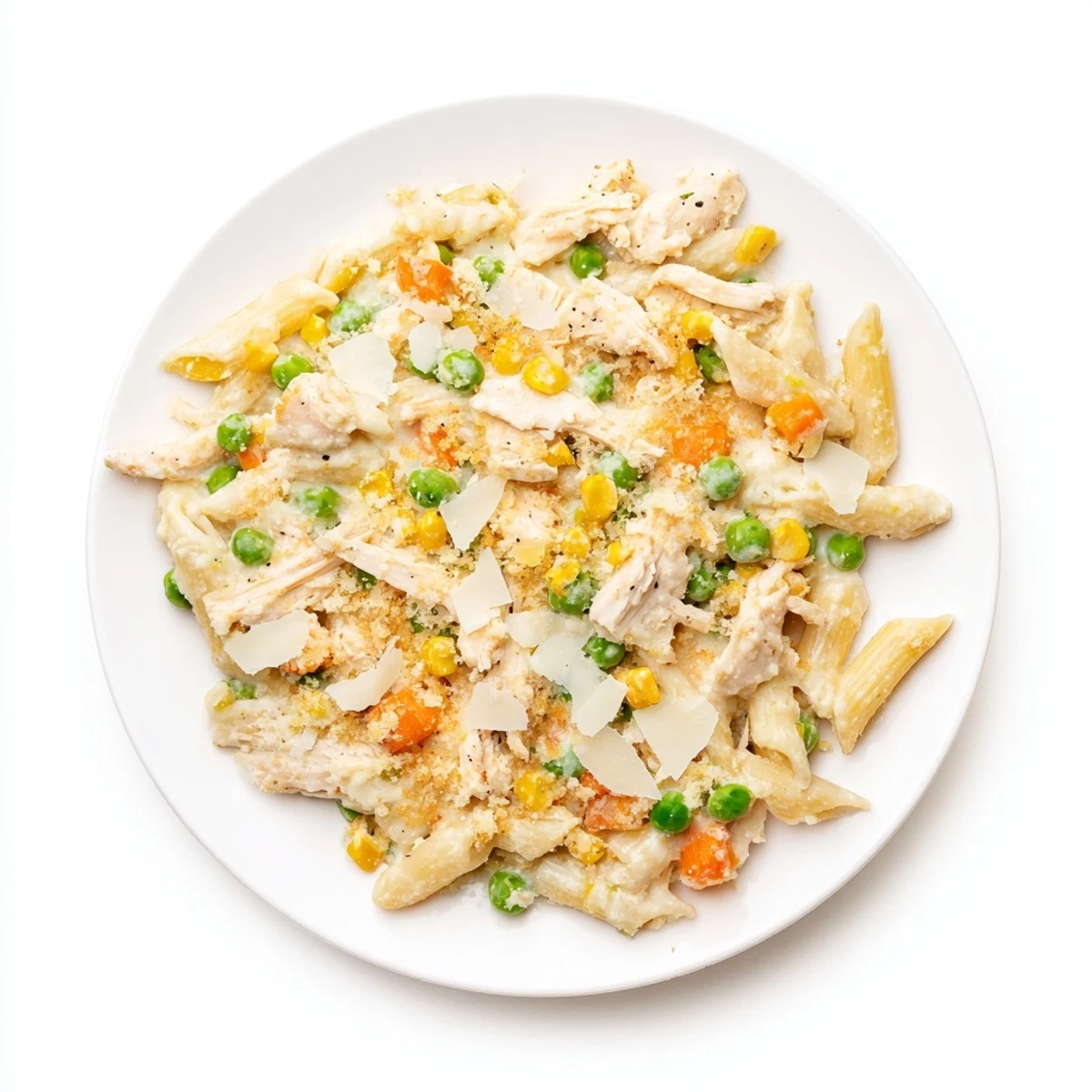 Creamy chicken pot pie pasta casserole bubbling with peas and carrots