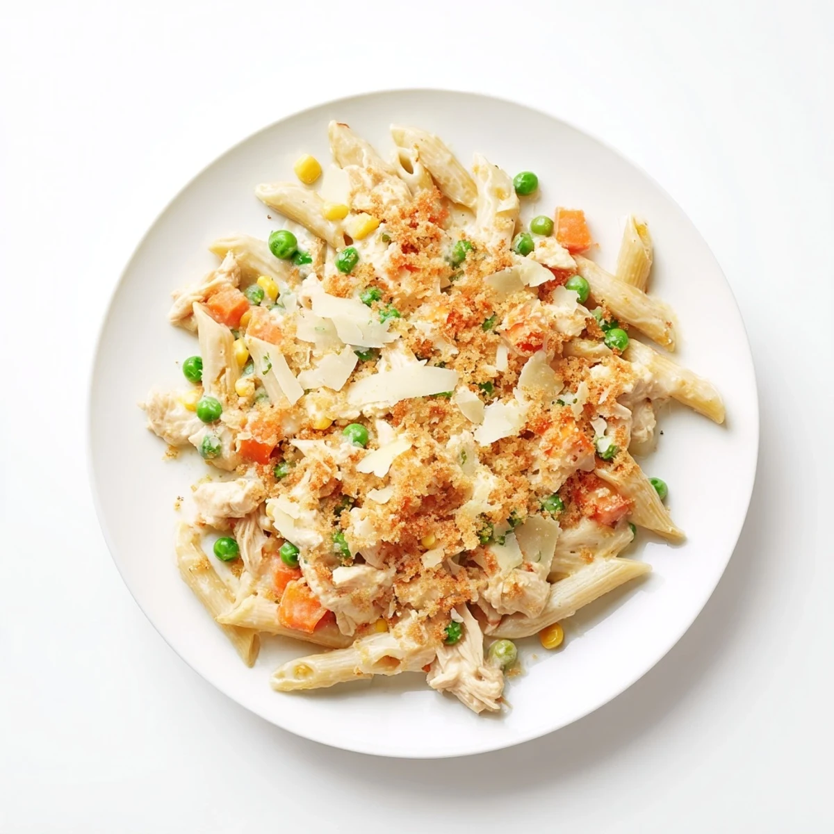 Hearty chicken pot pie pasta in white sauce with golden breadcrumb crust