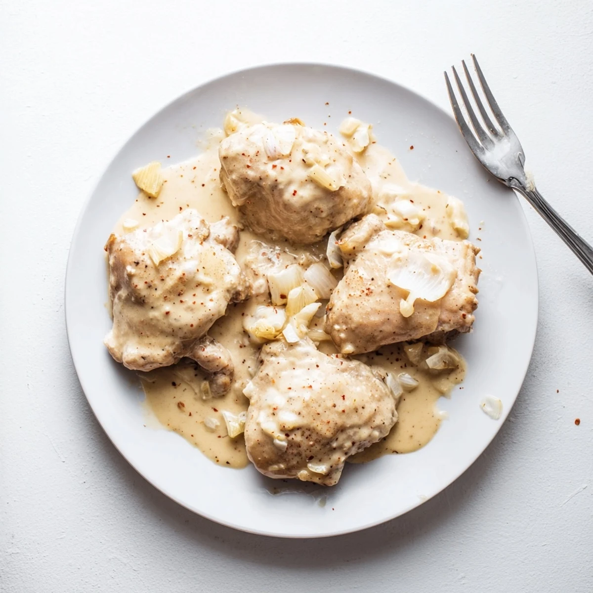 Golden brown chicken thighs swimming in a rich, creamy gravy seasoned with herbs and paprika.