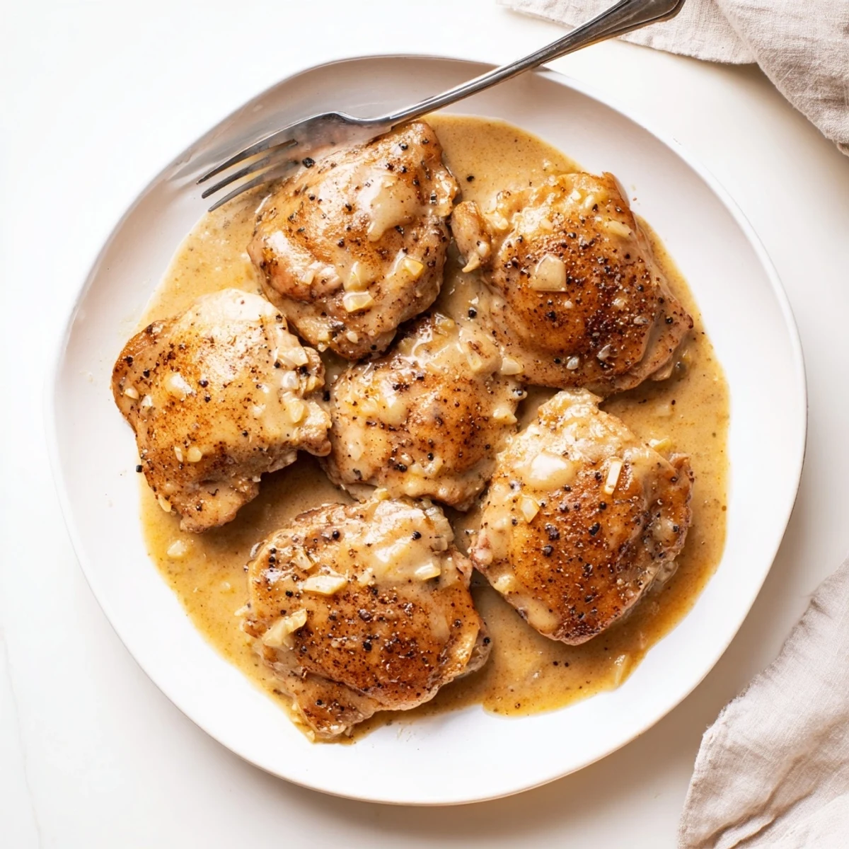 Tender slow cooker chicken thighs served in a velvety white sauce with diced onions and garlic.