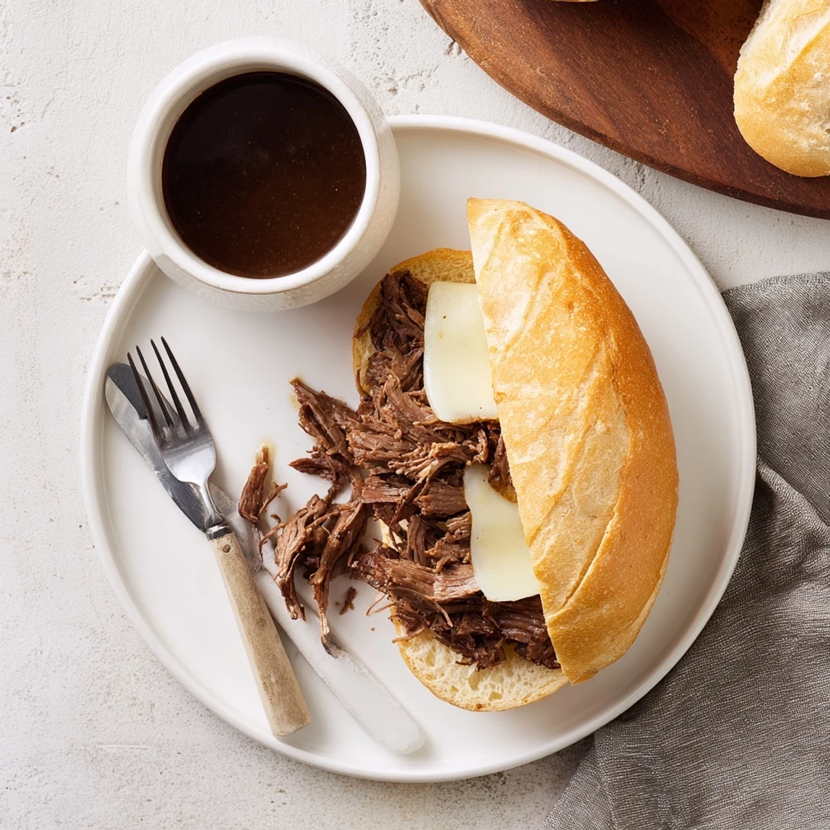 Tender slow-cooked beef sandwiches served alongside small ramekins of rich beef broth