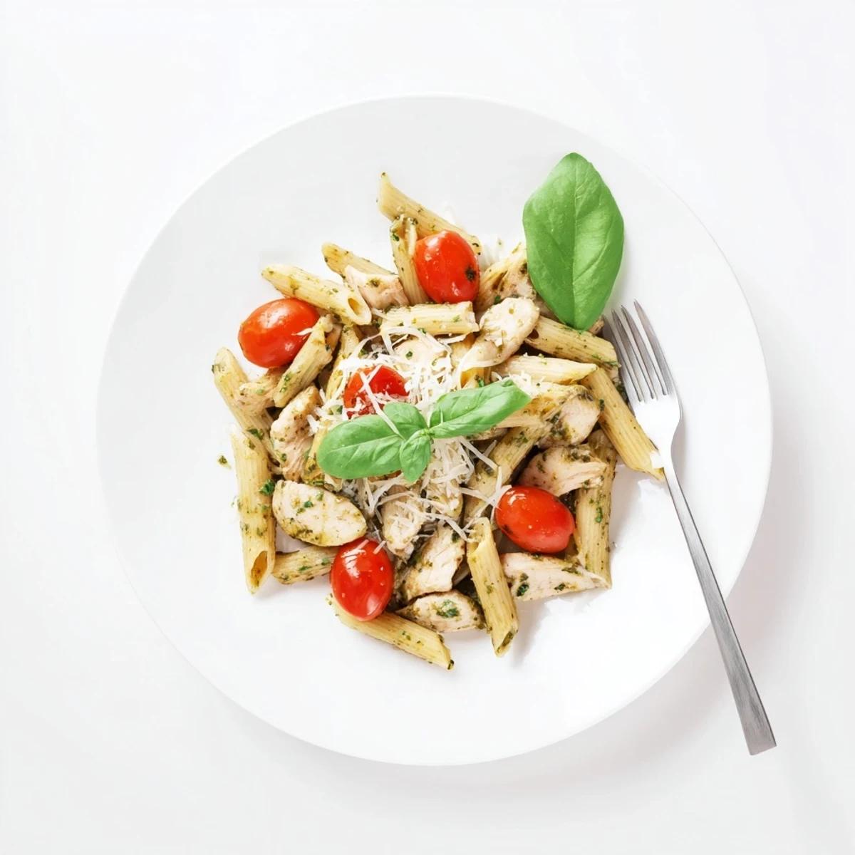Creamy pesto chicken pasta featuring golden chicken pieces coated in rich basil parmesan sauce