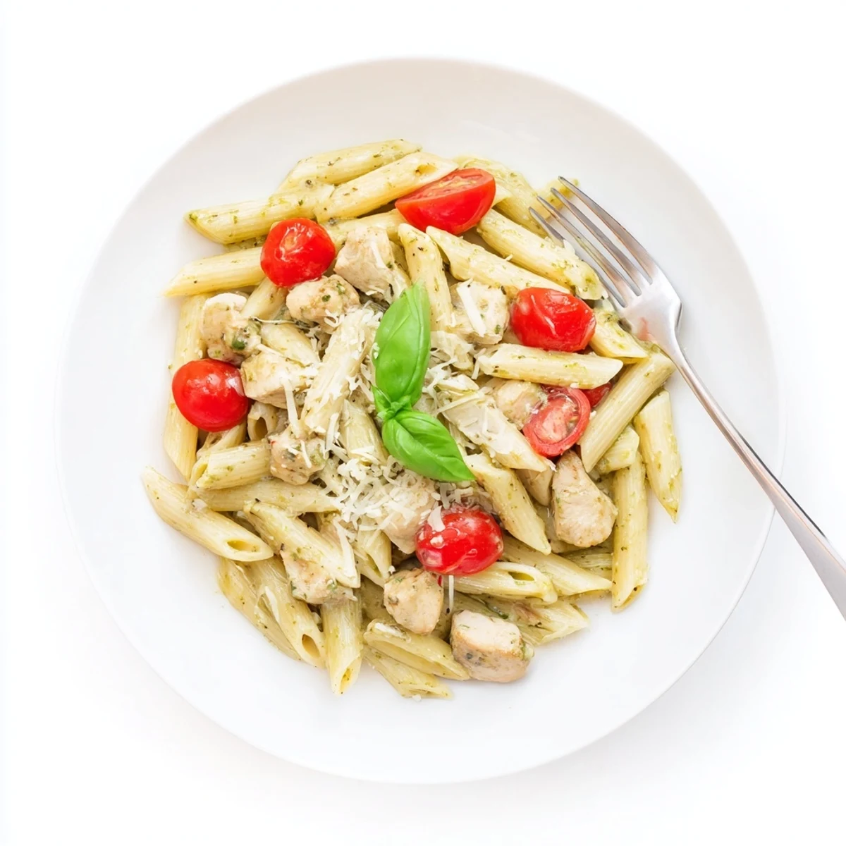Twirled penne pasta in velvety pesto cream sauce with tender chicken and cherry tomatoes