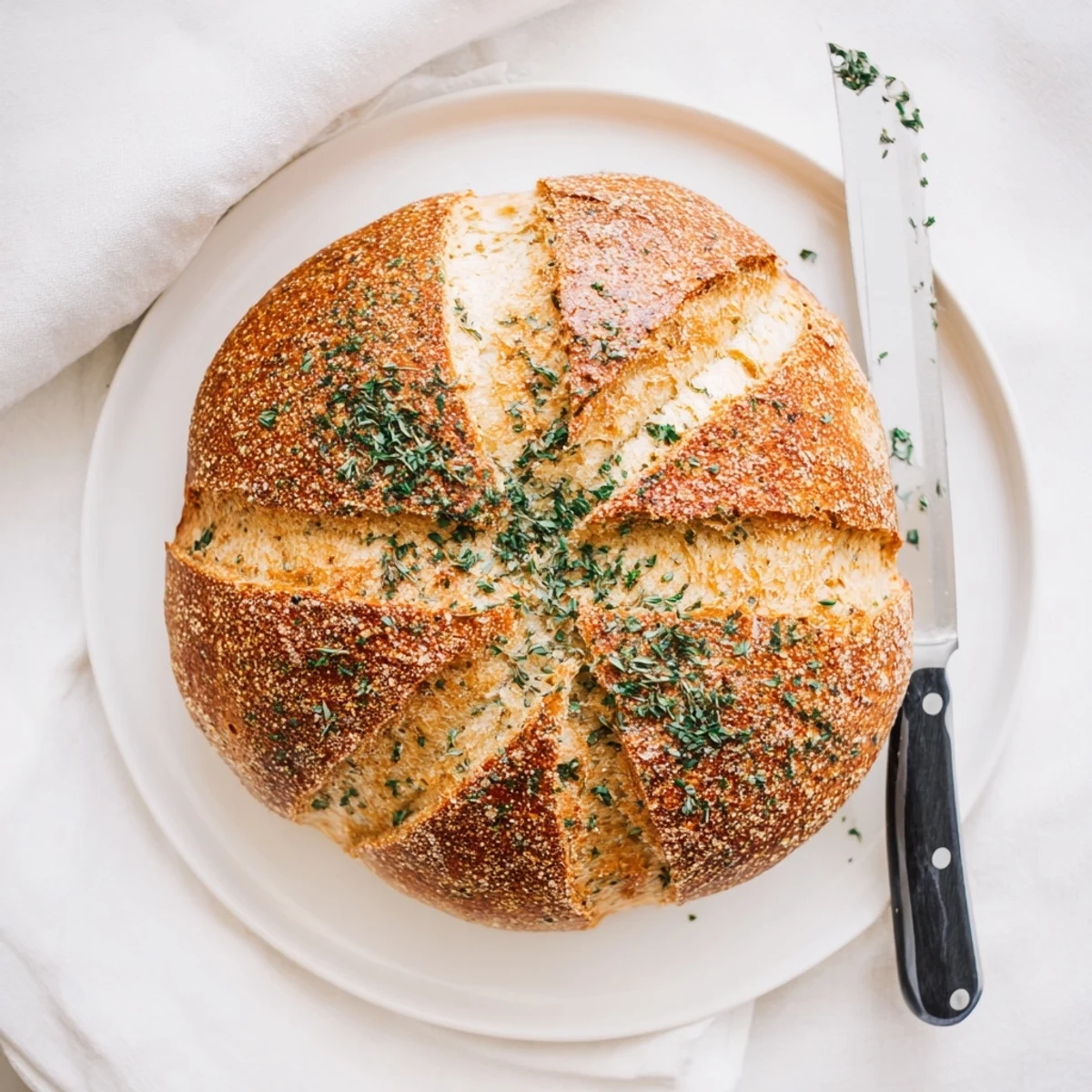 Golden garlic herb Dutch oven bread with a crisp crust and tender interior
