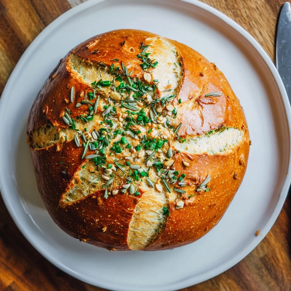 Rustic round loaf baked in Dutch oven topped with melted butter and fresh parsley