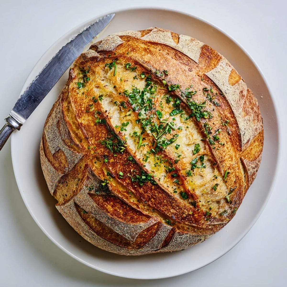 Homemade artisan bread featuring rosemary thyme and golden garlic crusted in Dutch oven