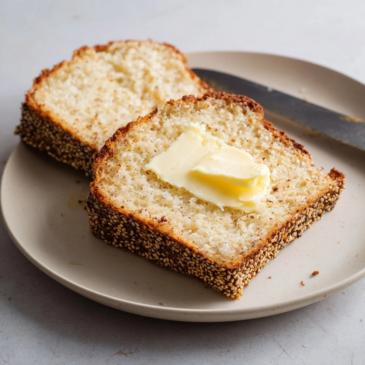Low carb zero carb yogurt bread toasted with butter served on wooden board