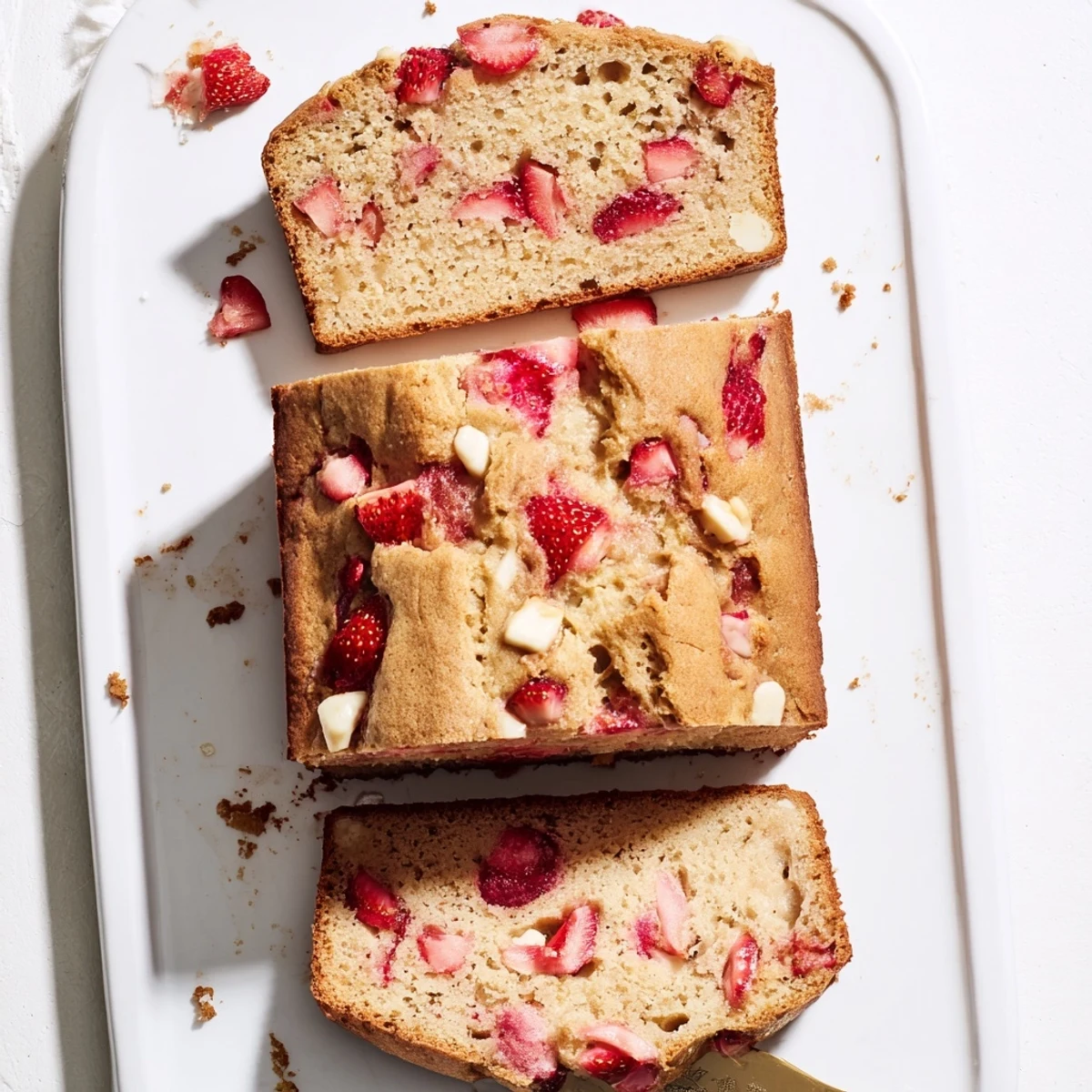 Golden sourdough white chocolate chips strawberry bread loaf with fresh red berry pieces visible throughout the tender crumb