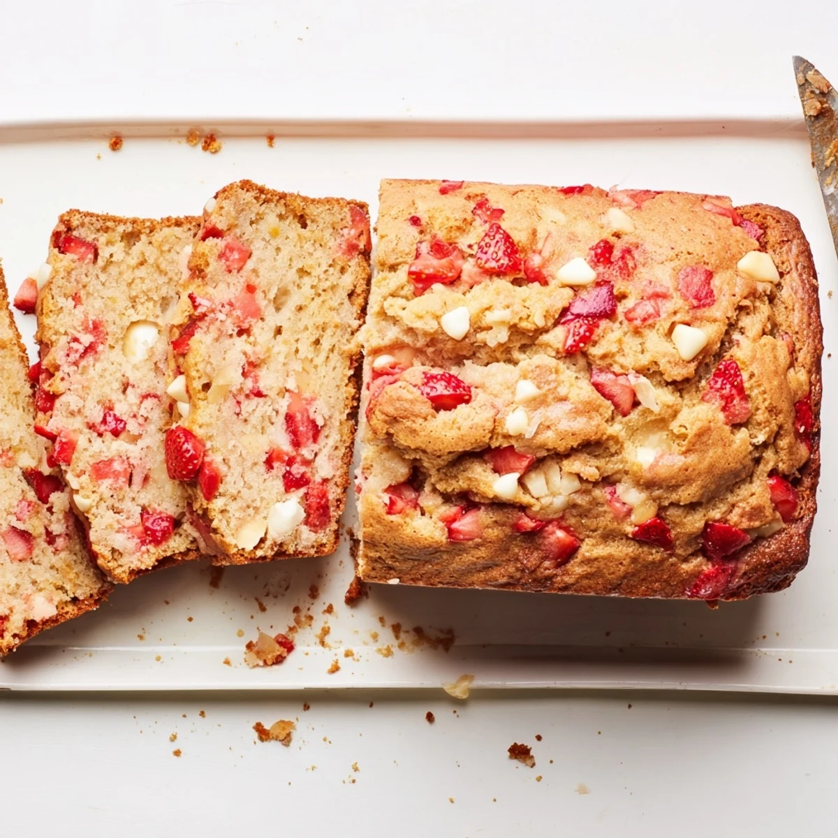 Sliced sourdough white chocolate chips strawberry bread showing sweet strawberries and creamy white chocolate chunks baked inside