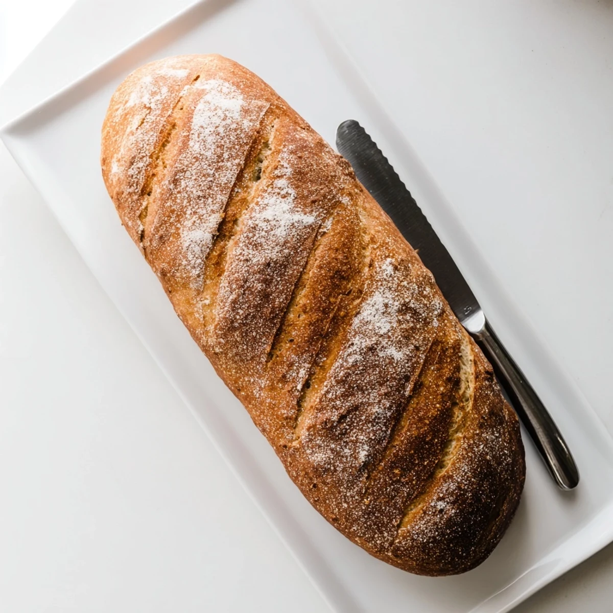 Golden brown crusty Italian bread loaf with dark slashes and chewy interior