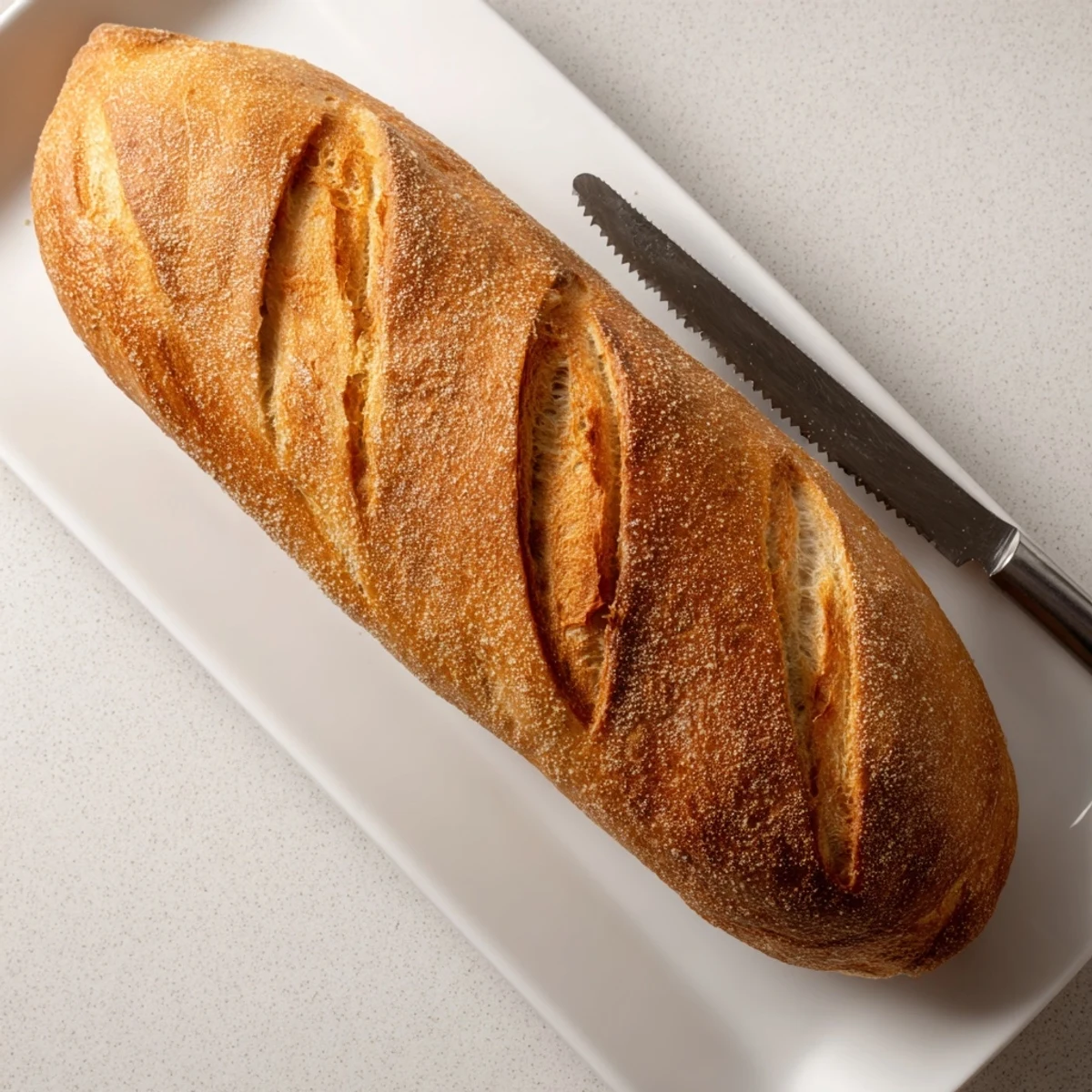 Freshly baked crusty Italian bread cooling on wire rack ready for slicing