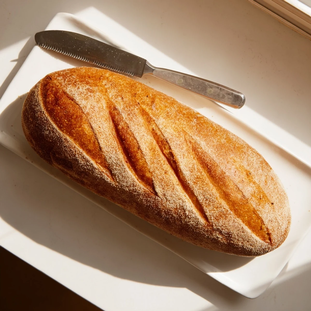 Homemade crusty Italian bread with crisp golden crust and soft airy center