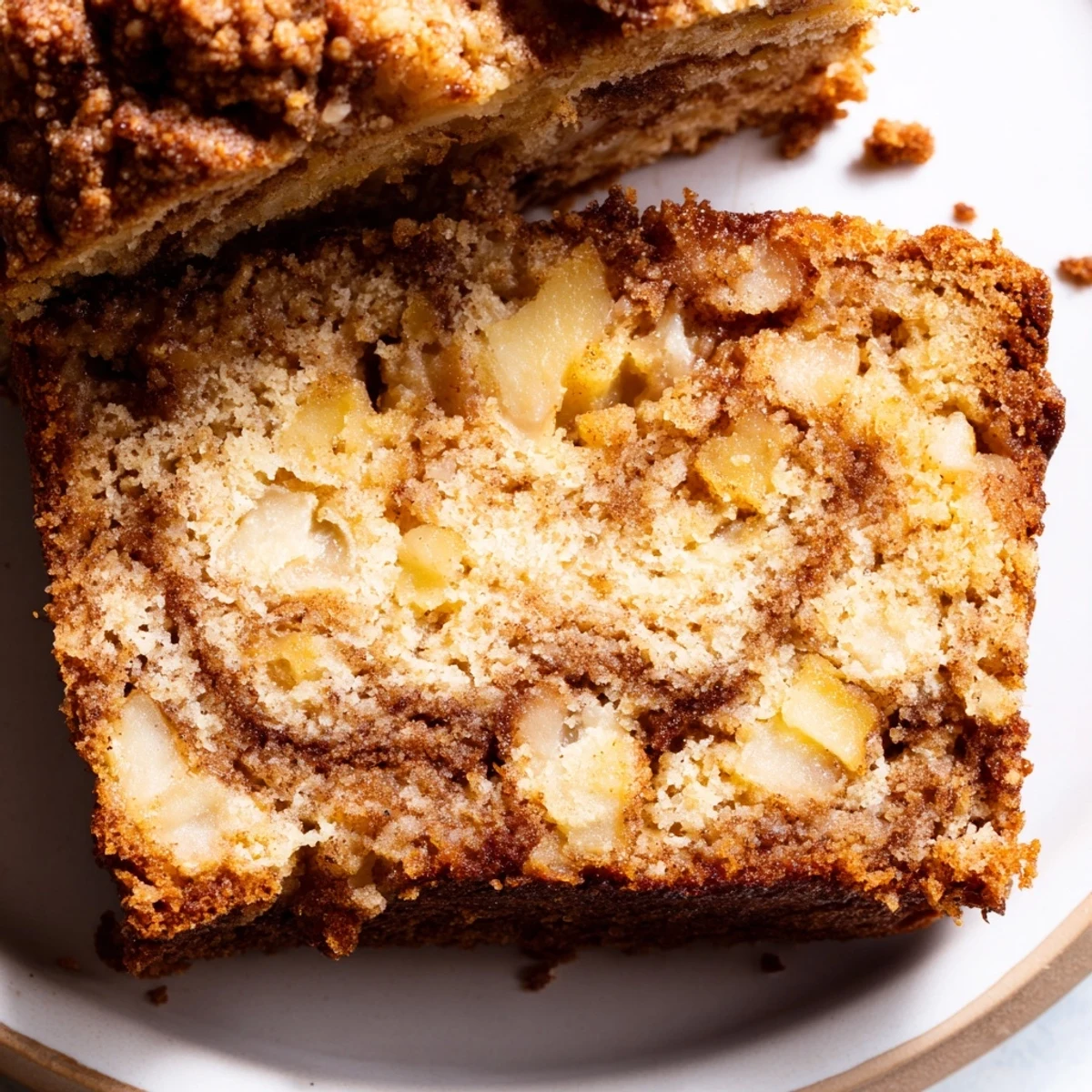 Golden brown cinnamon apple bread loaf with visible apple chunks and sugar crusted top