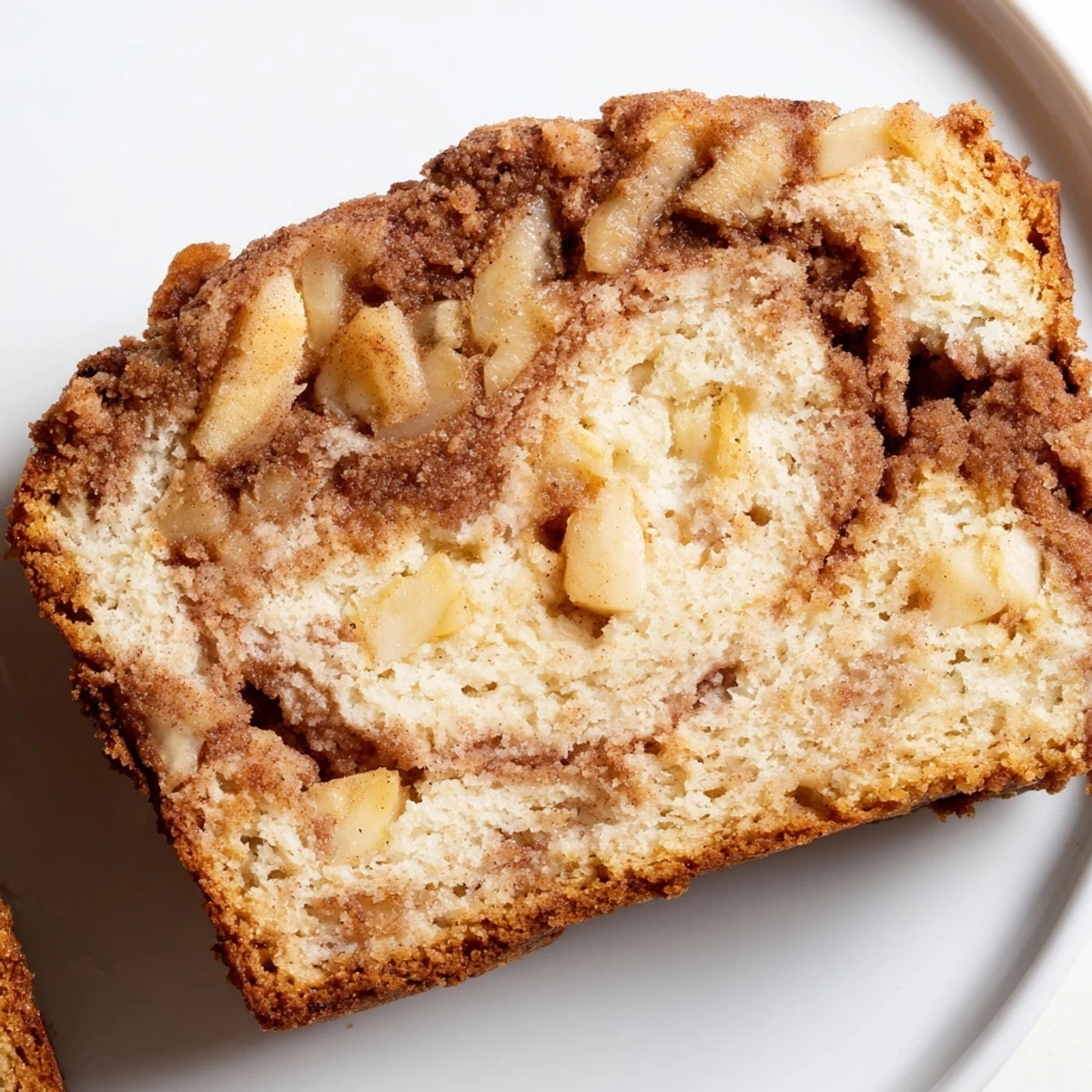 Sliced cinnamon apple bread on a wooden board showing moist tender crumb and diced apples