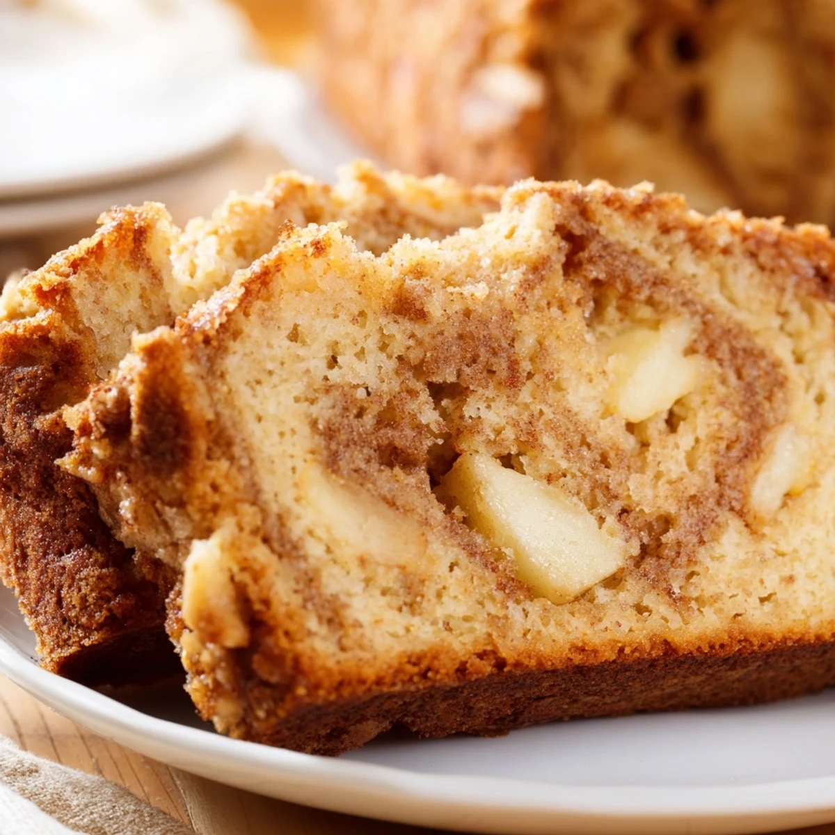 Freshly baked cinnamon apple bread cooling on wire rack with swirled cinnamon sugar topping