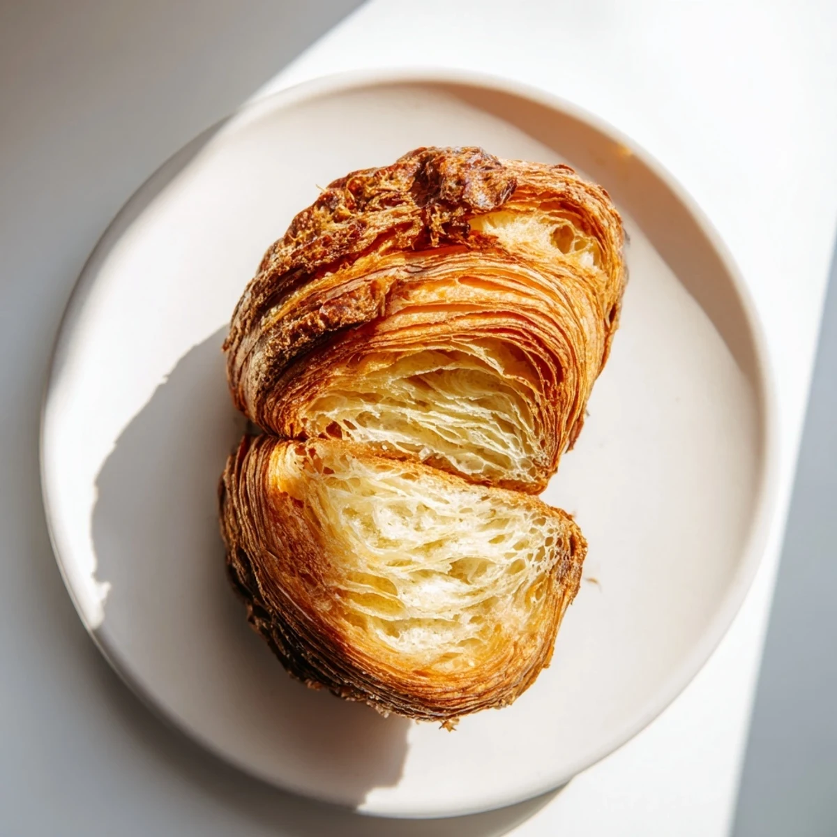 Golden homemade croissant bread loaf with flaky layers and buttery interior on wooden board