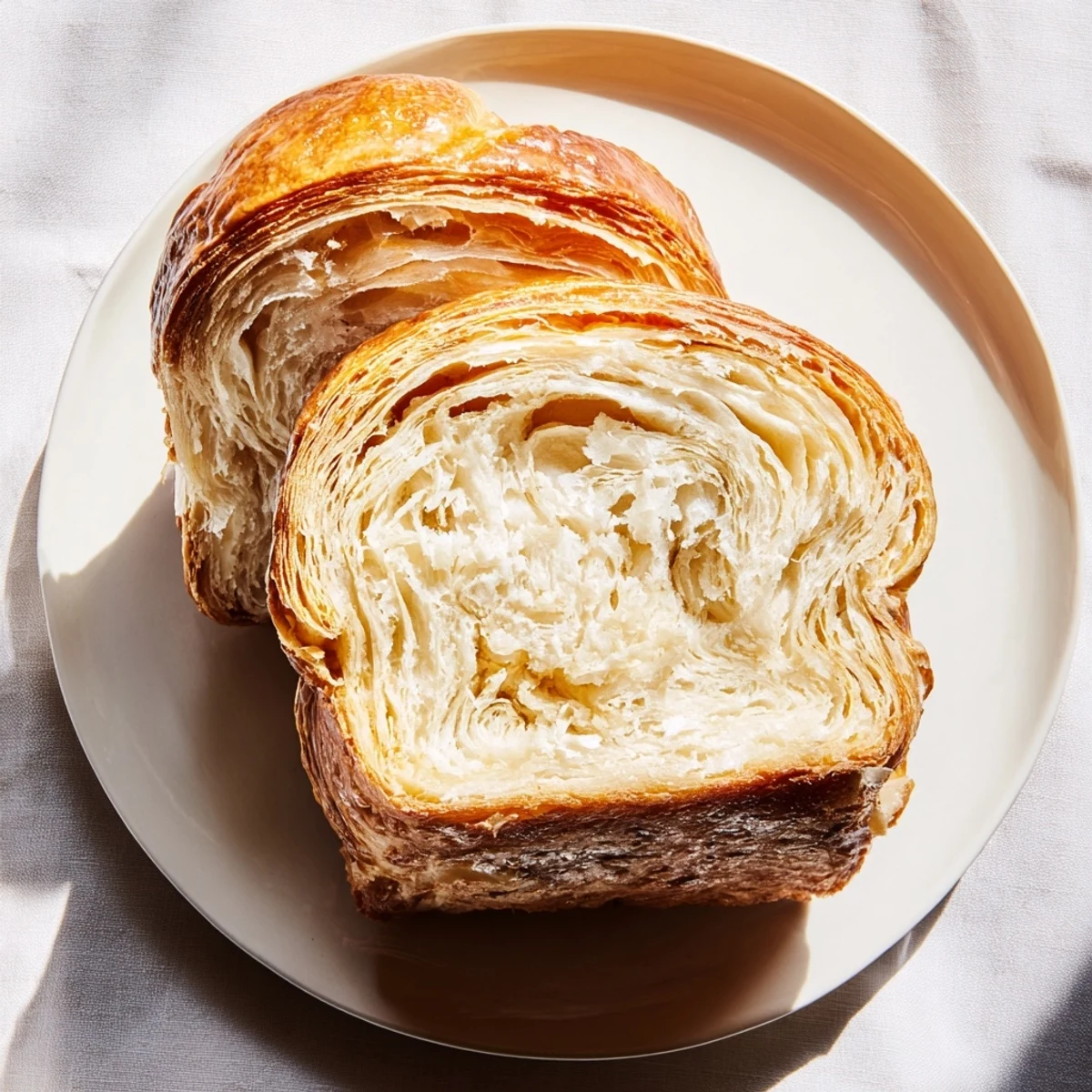 Sliced homemade croissant bread revealing honeycomb texture perfect for French toast breakfast