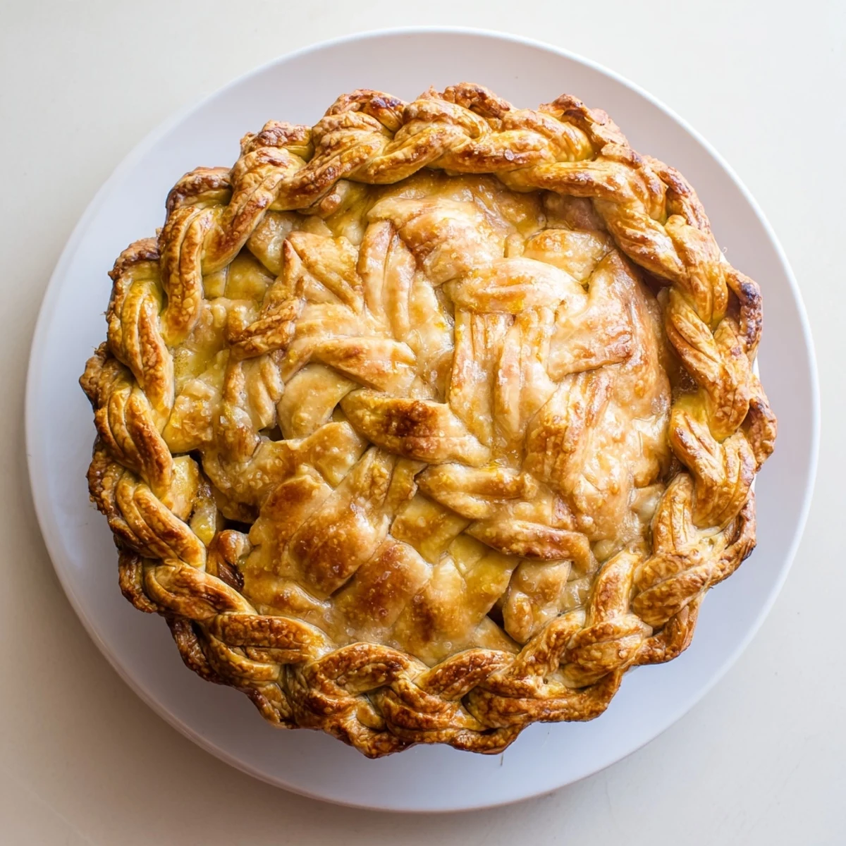 Golden brown fishtail braid pie crust decorating a fruit pie with glossy egg wash finish