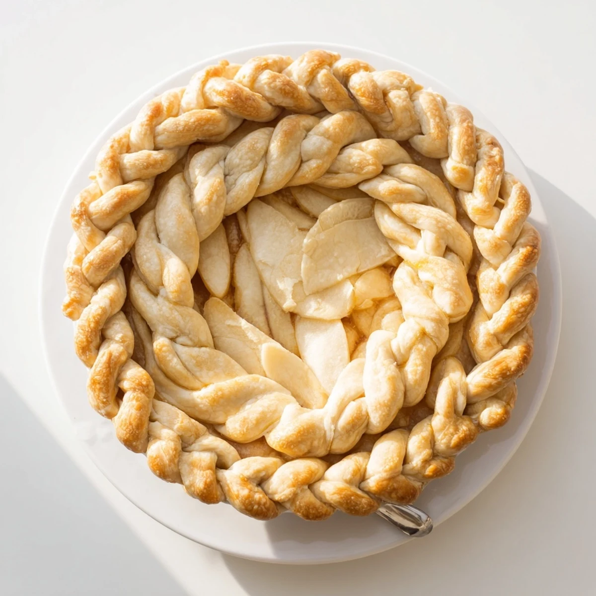 Intricately woven fishtail braid pie crust edge framing a homemade apple pie with flaky texture