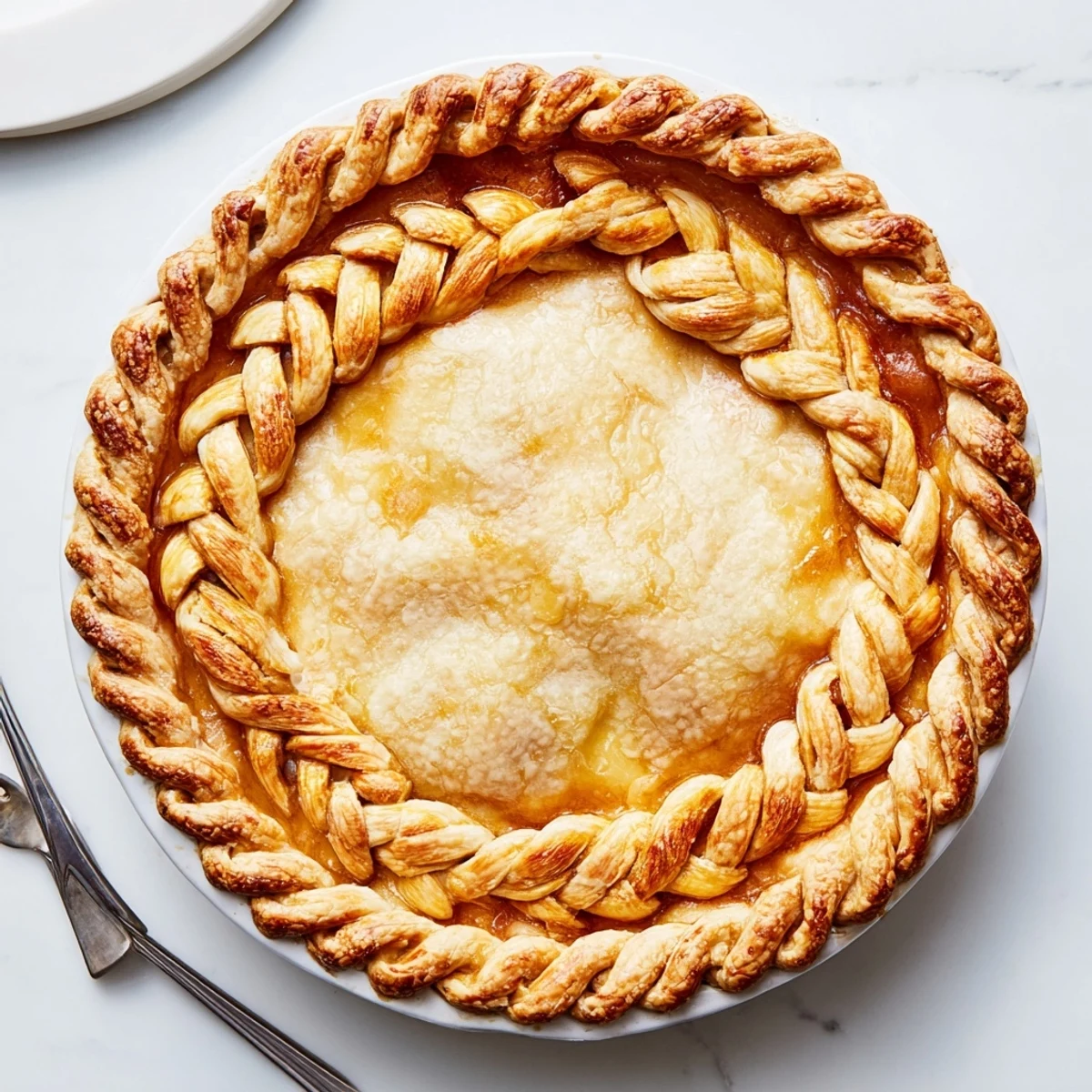 Close up of buttery fishtail braid pie crust baked to perfection around a sweet filled pie
