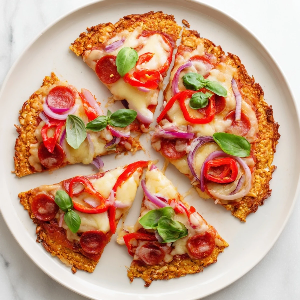 Low carb chicken crust pizza bubbling with cheesy goodness and colorful vegetable toppings