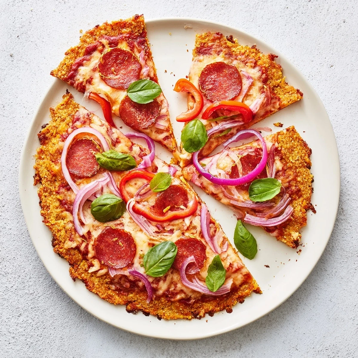 Golden brown crispy chicken crust pizza loaded with melted mozzarella and vibrant pepperoni slices