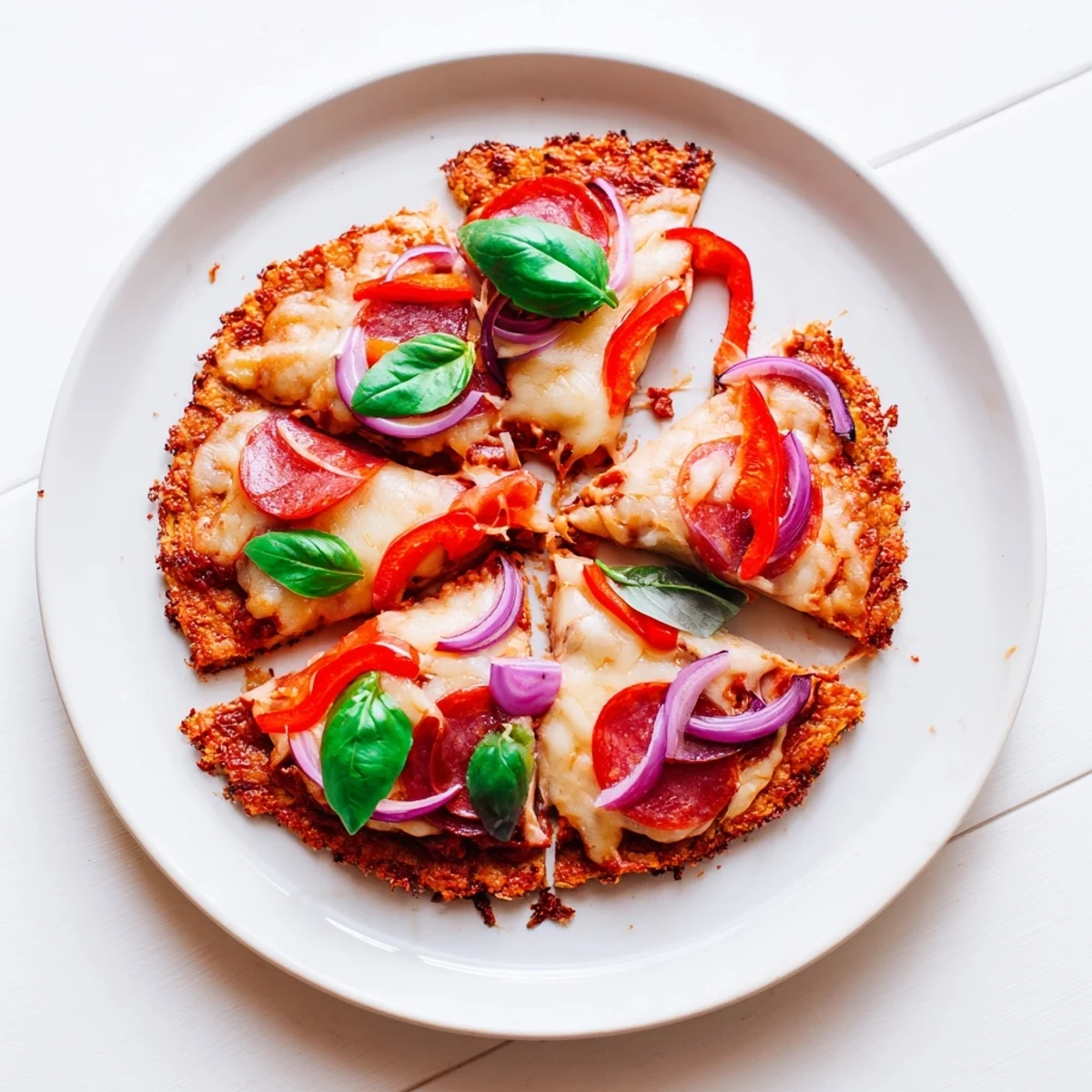 Homemade crispy chicken crust pizza featuring a protein-rich base topped with classic Italian flavors