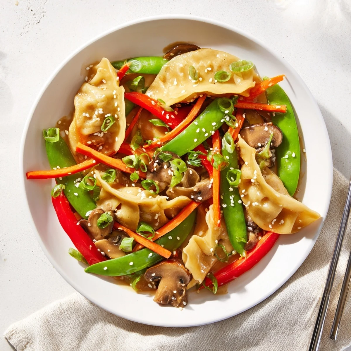 Quick skillet meal featuring pan-fried potstickers mixed with crisp vegetables and hoisin sauce
