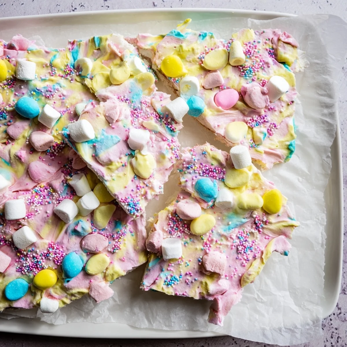 Festive Easter marshmallow bark showcasing pastel marshmallows swirled in creamy white chocolate