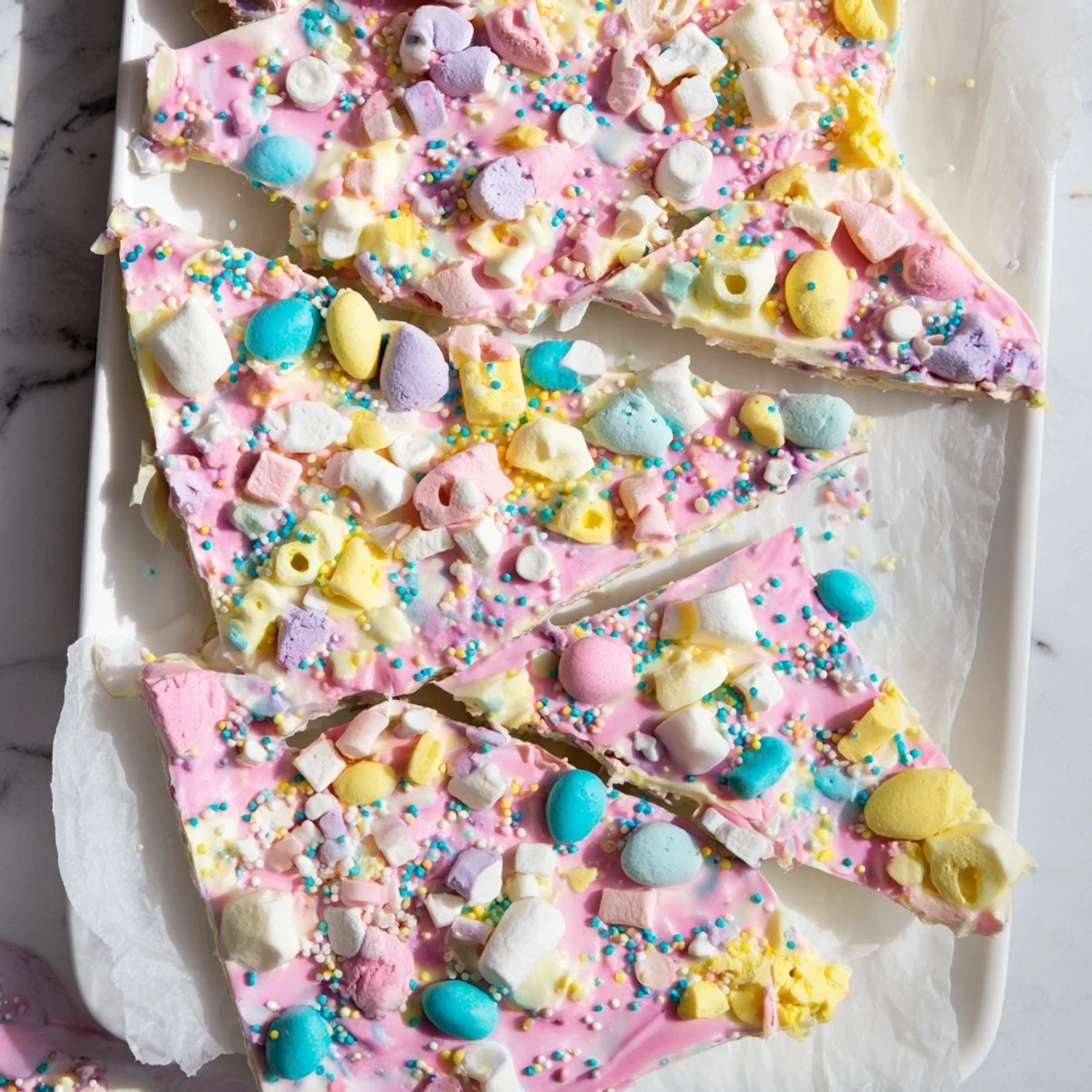 Homemade Easter marshmallow bark with mini marshmallows and pastel decorations on a white surface