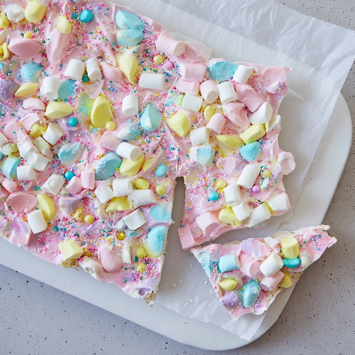 Colorful Easter marshmallow bark broken into pieces and topped with candy egg sprinkles