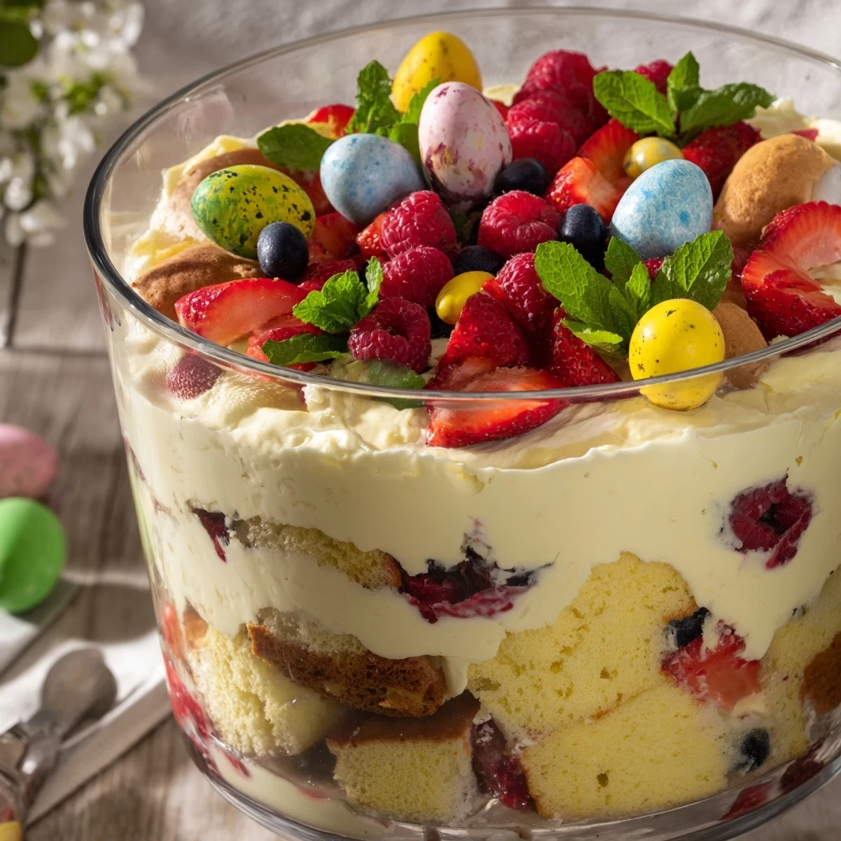 Colorful Easter trifle dessert featuring layered sponge cake, custard, fresh berries and whipped cream in a glass trifle bowl garnished with chocolate eggs