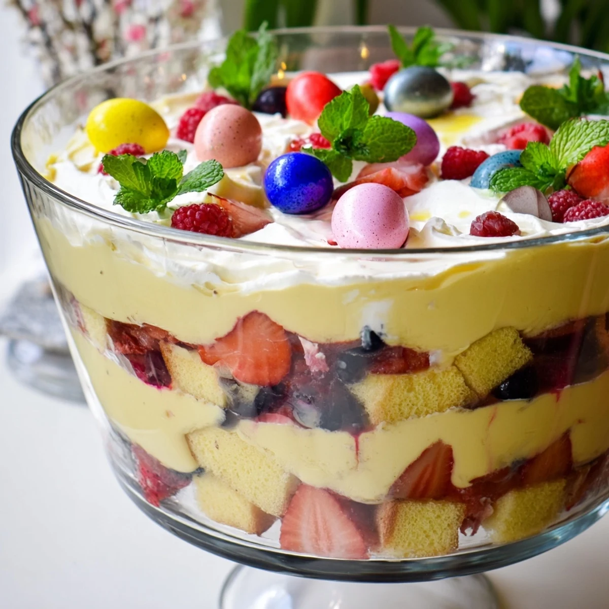 Festive layered Easter trifle dessert showcasing vanilla custard, mixed berries, light sponge cake cubes and fluffy whipped cream topping