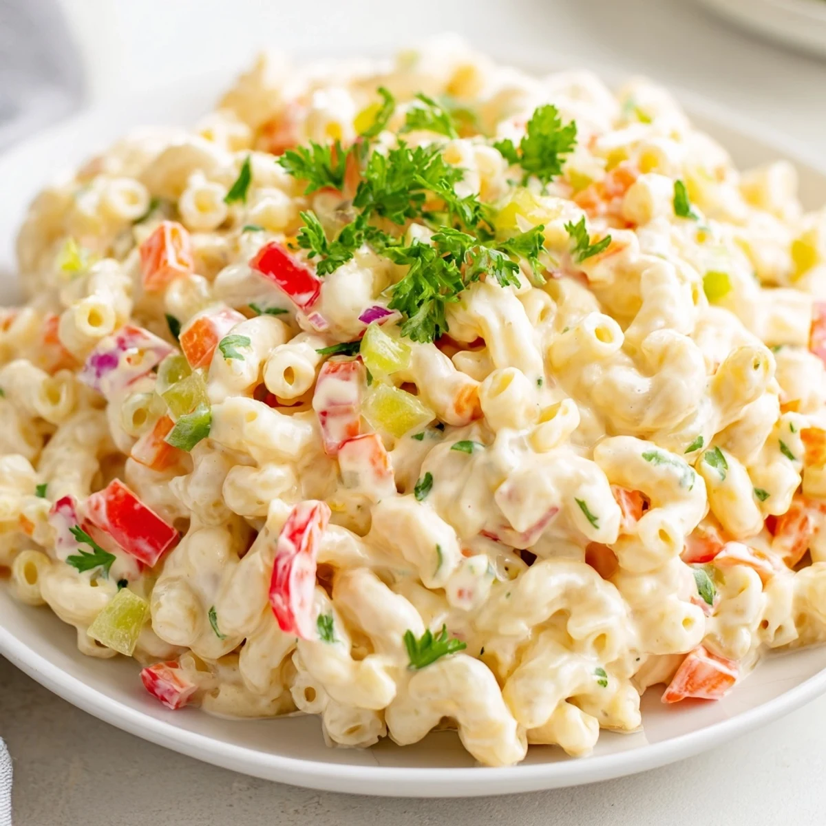 Colorful bowl of tangy and creamy macaroni salad with crunchy red bell pepper and celery