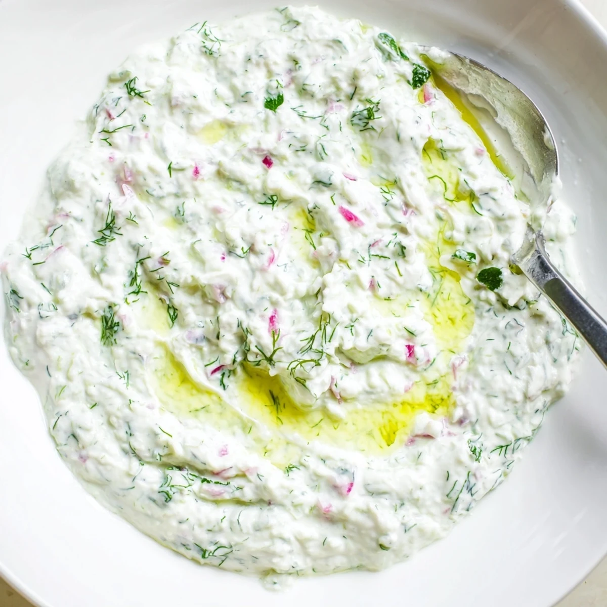Creamy healthy radish tzatziki dip topped with fresh dill and olive oil drizzle