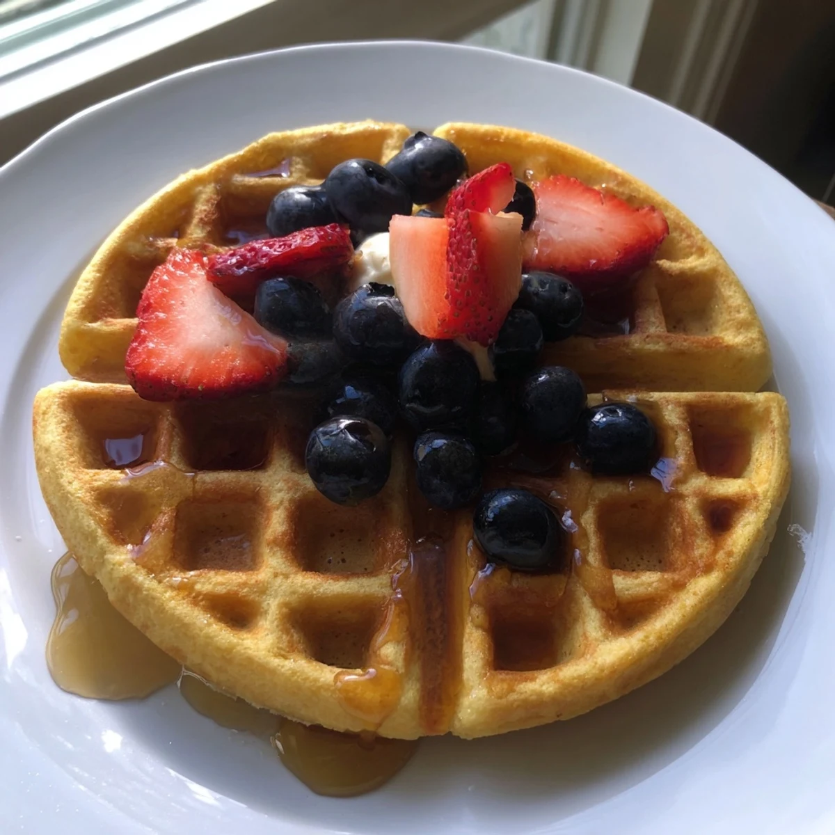 Golden crispy Greek Yogurt Waffles topped with fresh berries and drizzled maple syrup on white plate