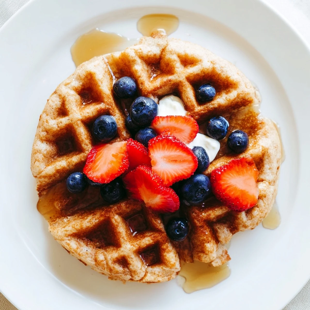 Fluffy Greek Yogurt Waffles with golden edges stacked high and served with butter pats