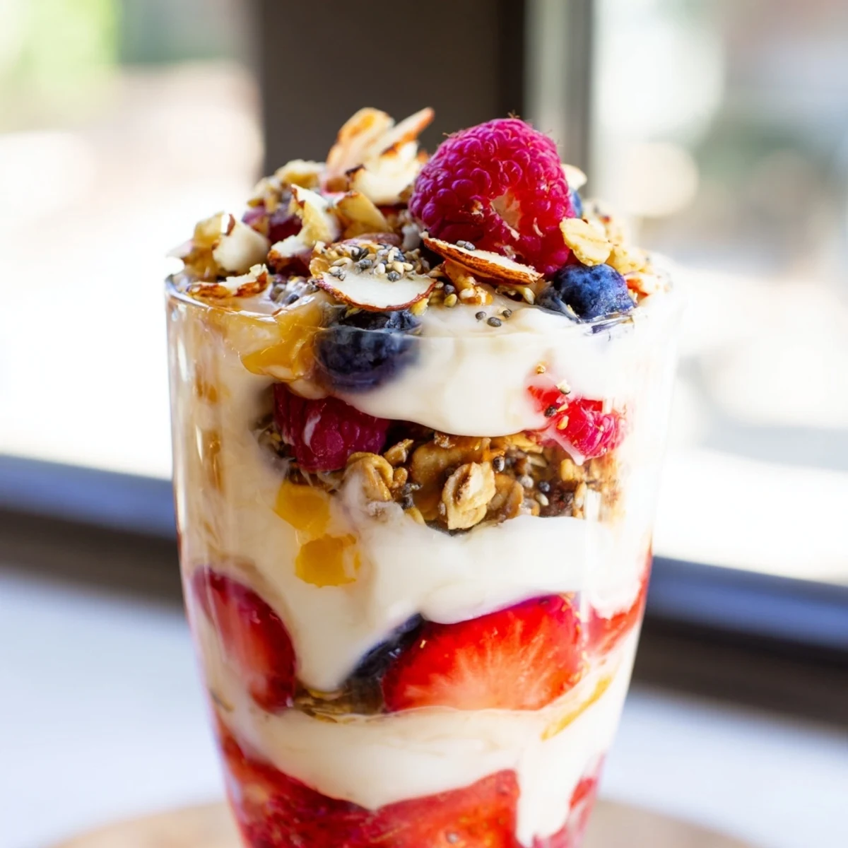 Creamy Greek yogurt parfait layered with fresh berries and crunchy granola in a glass
