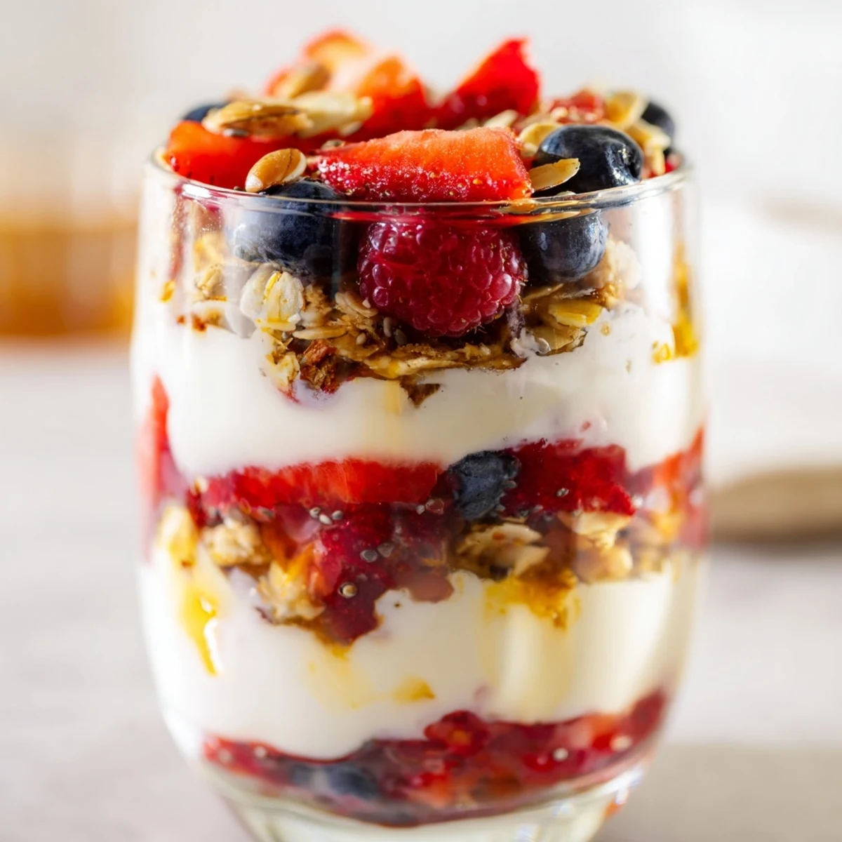 Greek yogurt parfait topped with vibrant mixed berries and golden honey drizzle