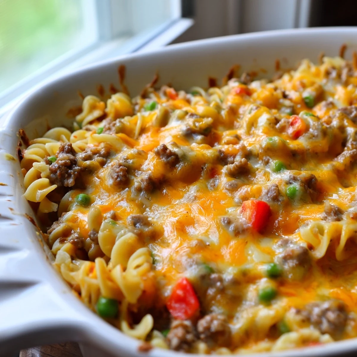 Golden bubbly cheesy beef and noodle casserole fresh from the oven