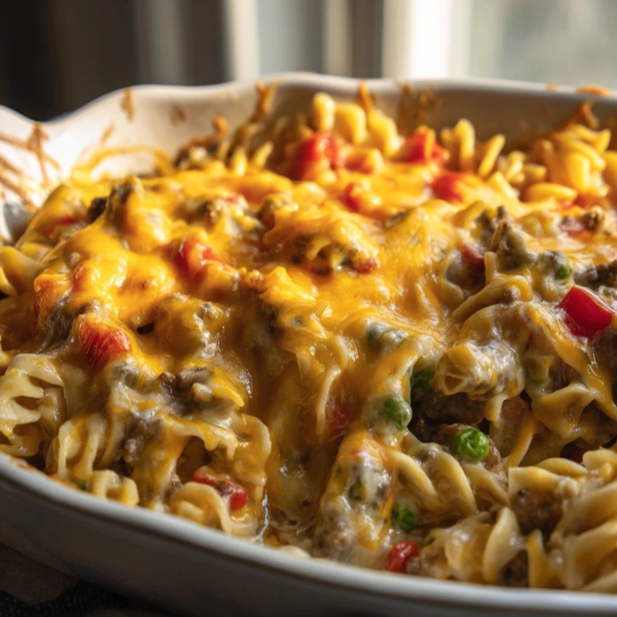 Creamy cheesy beef and noodle casserole topped with melted cheddar cheese