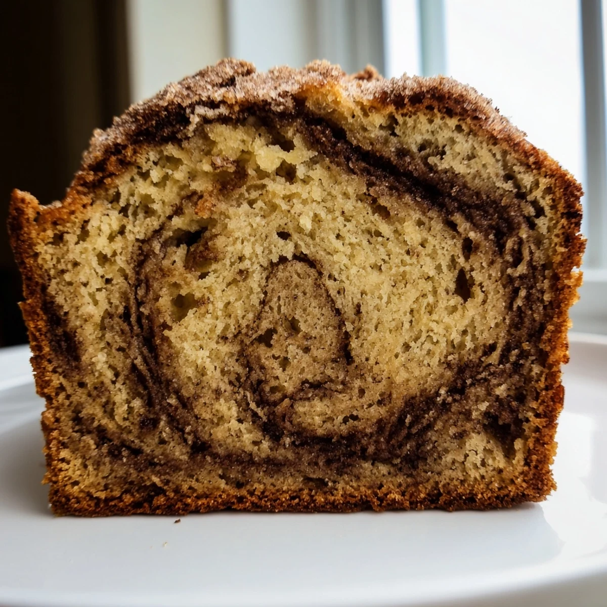 Moist Cinnamon Sugar Swirl Banana Bread with marbled cinnamon ribbons inside tender crumb