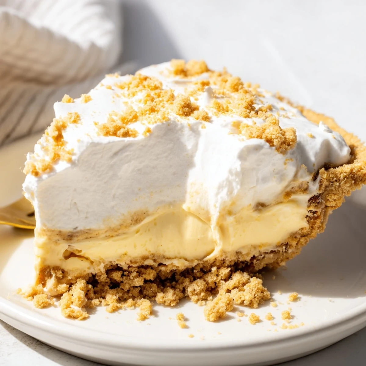 Creamy Amish Peanut Butter Dream Pie topped with whipped cream and golden peanut butter crumbs in a flaky baked crust