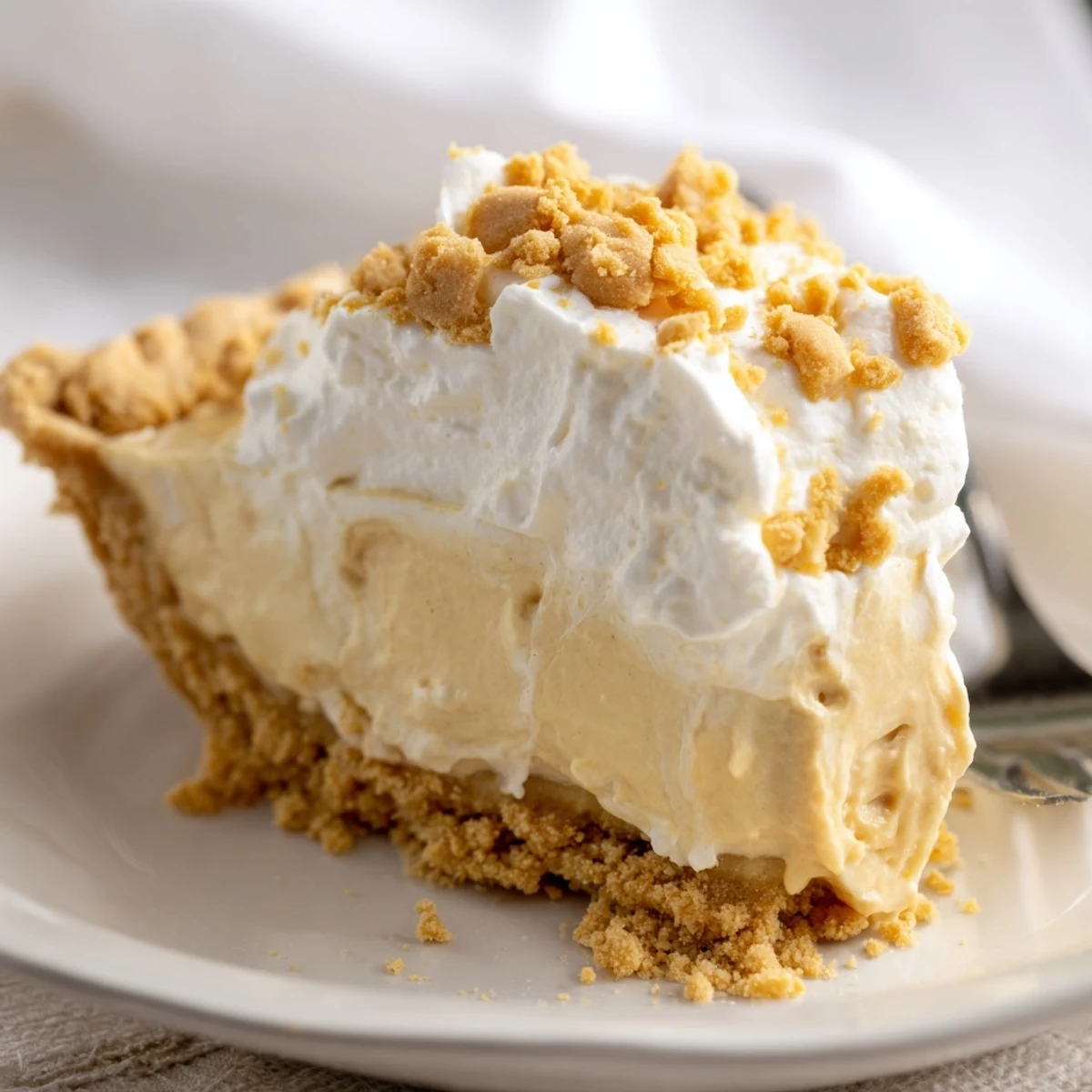 Velvety Amish Peanut Butter Dream Pie sliced to reveal a rich custard filling layered with sweet crumbly peanut butter