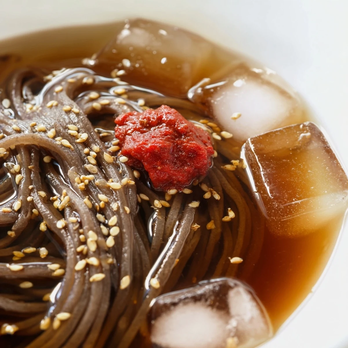 Chewy Korean naengmyeon noodles in tangy chilled broth topped with cucumber and egg