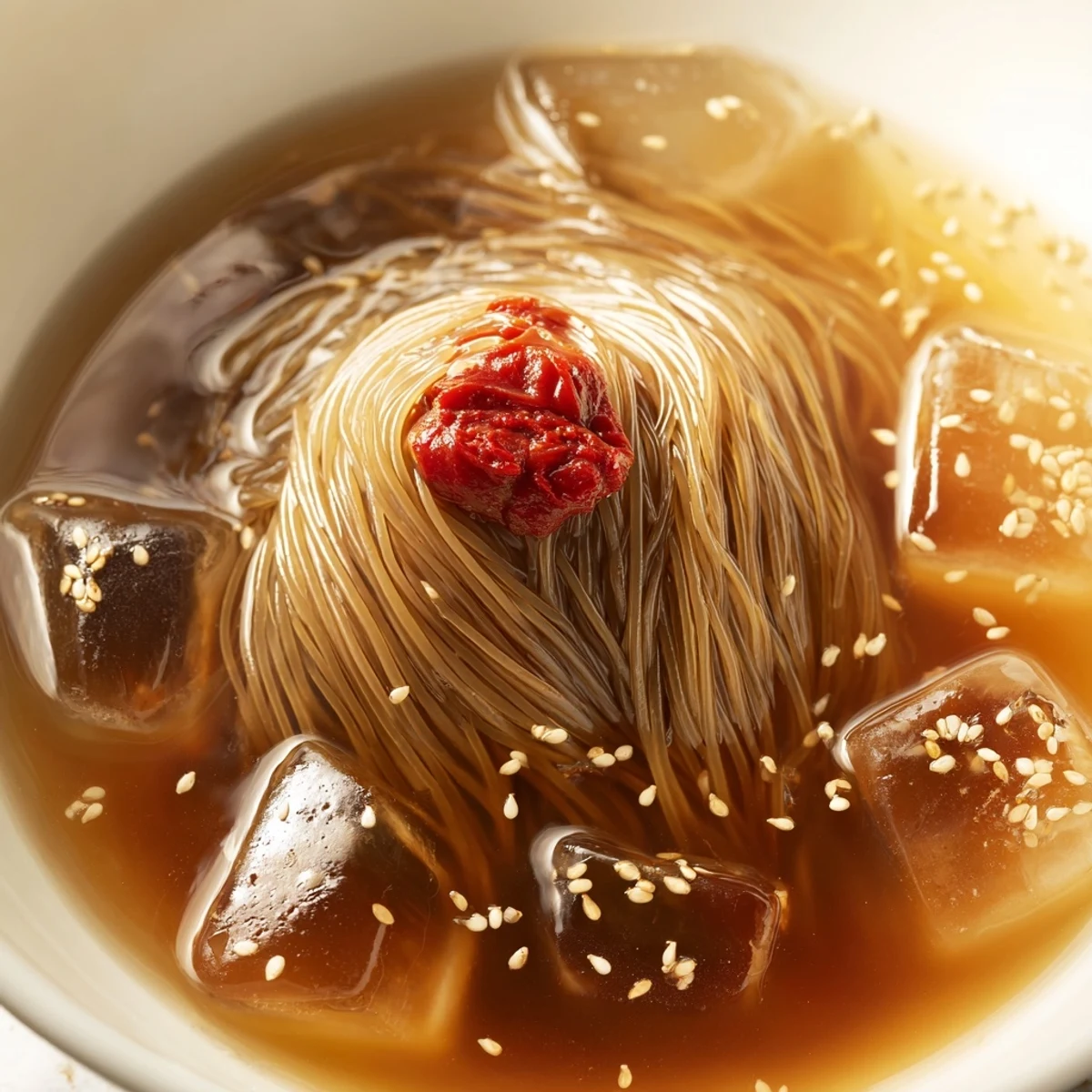 Cold Korean naengmyeon soup with sliced beef, Asian pear, and ice cubes