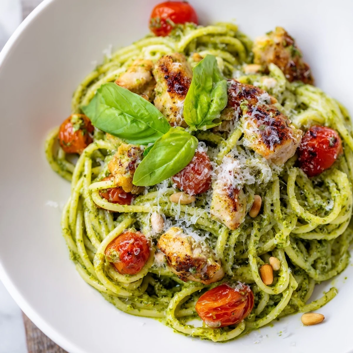 Creamy pesto pasta with chicken served in a white bowl with fresh basil garnish on top