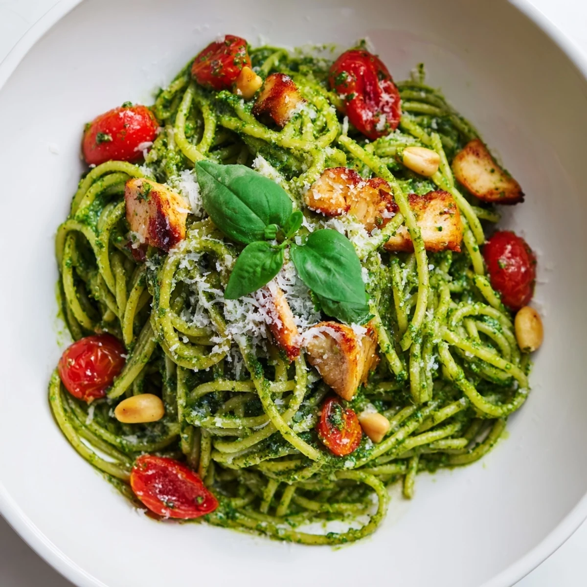 Tender chicken pieces tossed with green basil pesto coating strands of al dente spaghetti perfectly