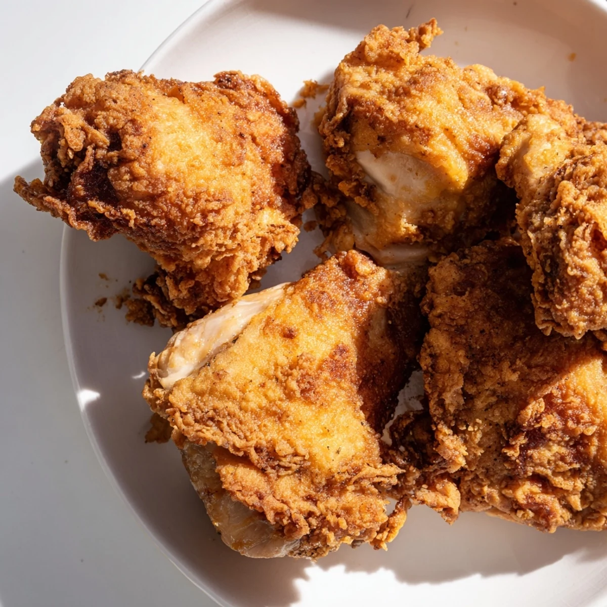 Crispy golden fried chicken pieces with crunchy coating served on a rustic plate